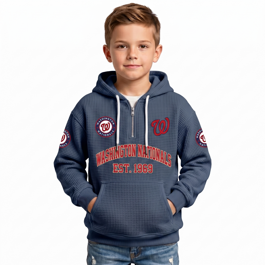 Washington Nationals EST 1969 Kids Baseball Fan Printed Waffle Quarter Zip Hoodie