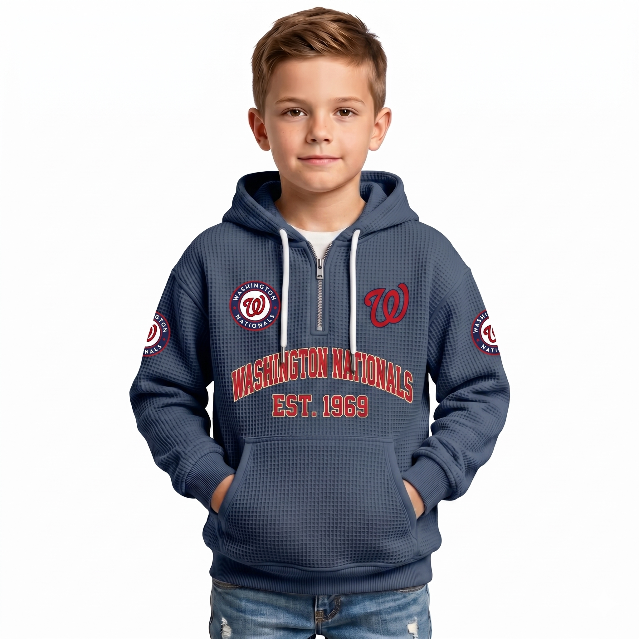 Washington Nationals EST 1969 Kids Baseball Fan Printed Waffle Quarter Zip Hoodie
