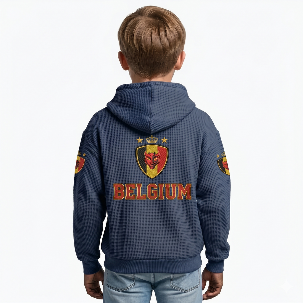 FIFA 2026 Belgium Printed Waffle Quarter Zip Kids Football Fan Hoodie