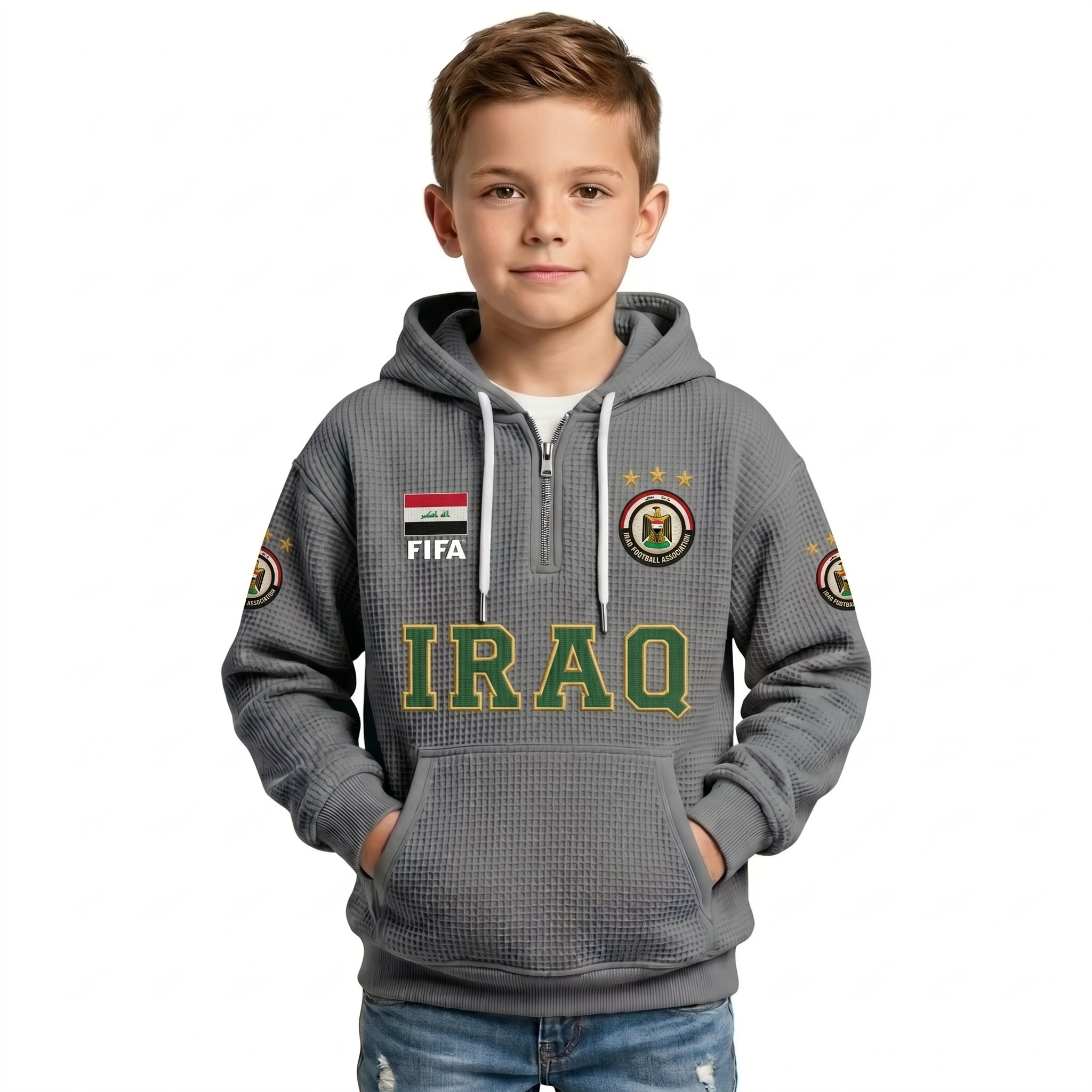 FIFA 2026 Iraq Printed Waffle Quarter Zip Kids Football Fan Hoodie