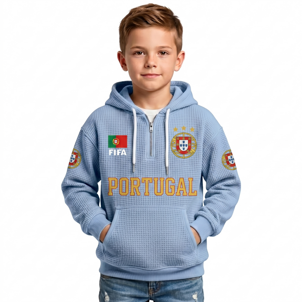 FIFA 2026 Portugal Printed Waffle Quarter Zip Kids Football Fan Hoodie