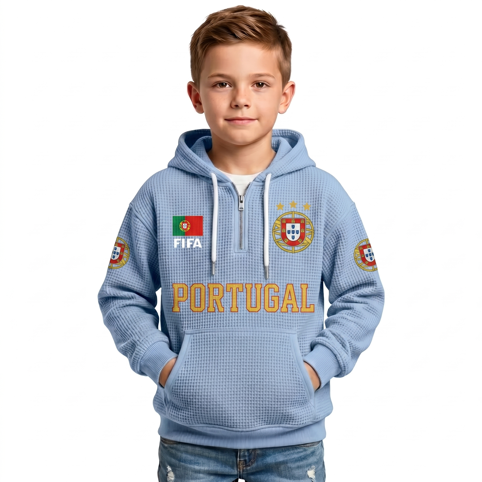 FIFA 2026 Portugal Printed Waffle Quarter Zip Kids Football Fan Hoodie