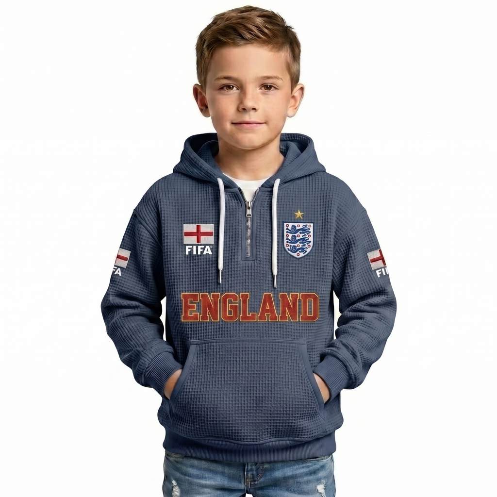FIFA 2026 England Printed Waffle Quarter Zip Kids Football Fan Hoodie