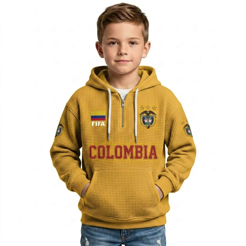 FIFA 2026 Colombia Printed Waffle Quarter Zip Kids Football Fan Hoodie