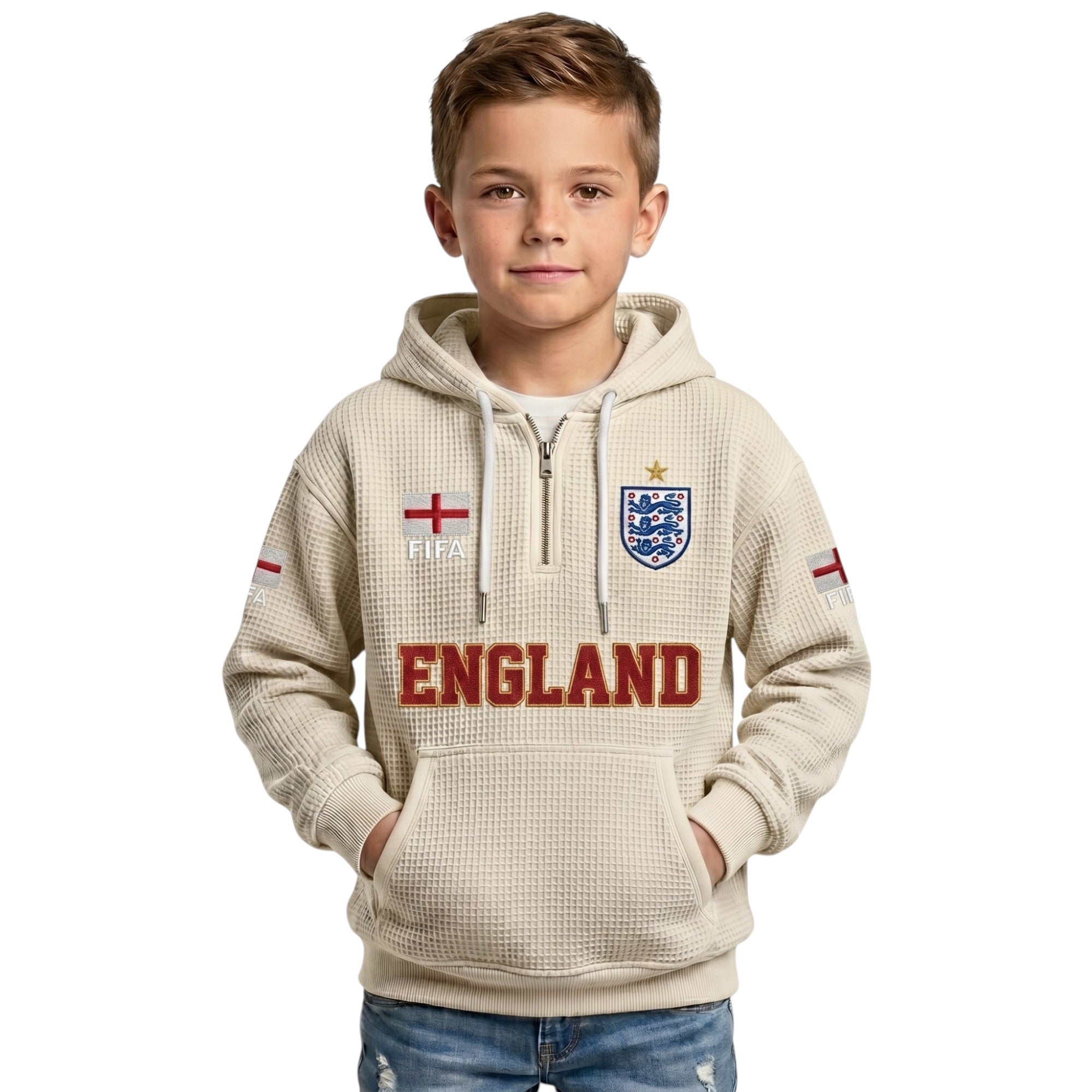 FIFA 2026 England Printed Waffle Quarter Zip Kids Football Fan Hoodie