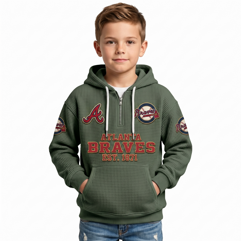Atlanta Braves EST 1871 Kids Baseball Fan Printed Waffle Quarter Zip Hoodie