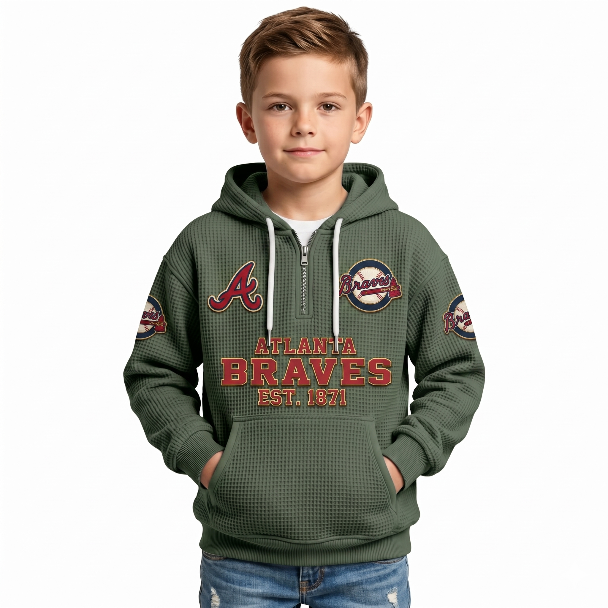 Atlanta Braves EST 1871 Kids Baseball Fan Printed Waffle Quarter Zip Hoodie