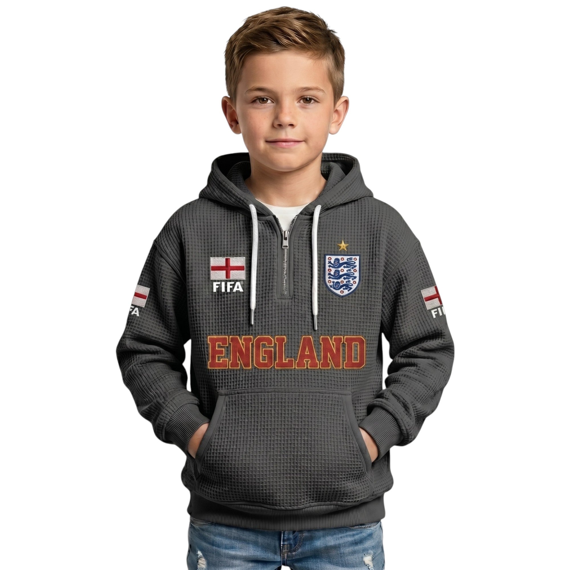 FIFA 2026 England Printed Waffle Quarter Zip Kids Football Fan Hoodie
