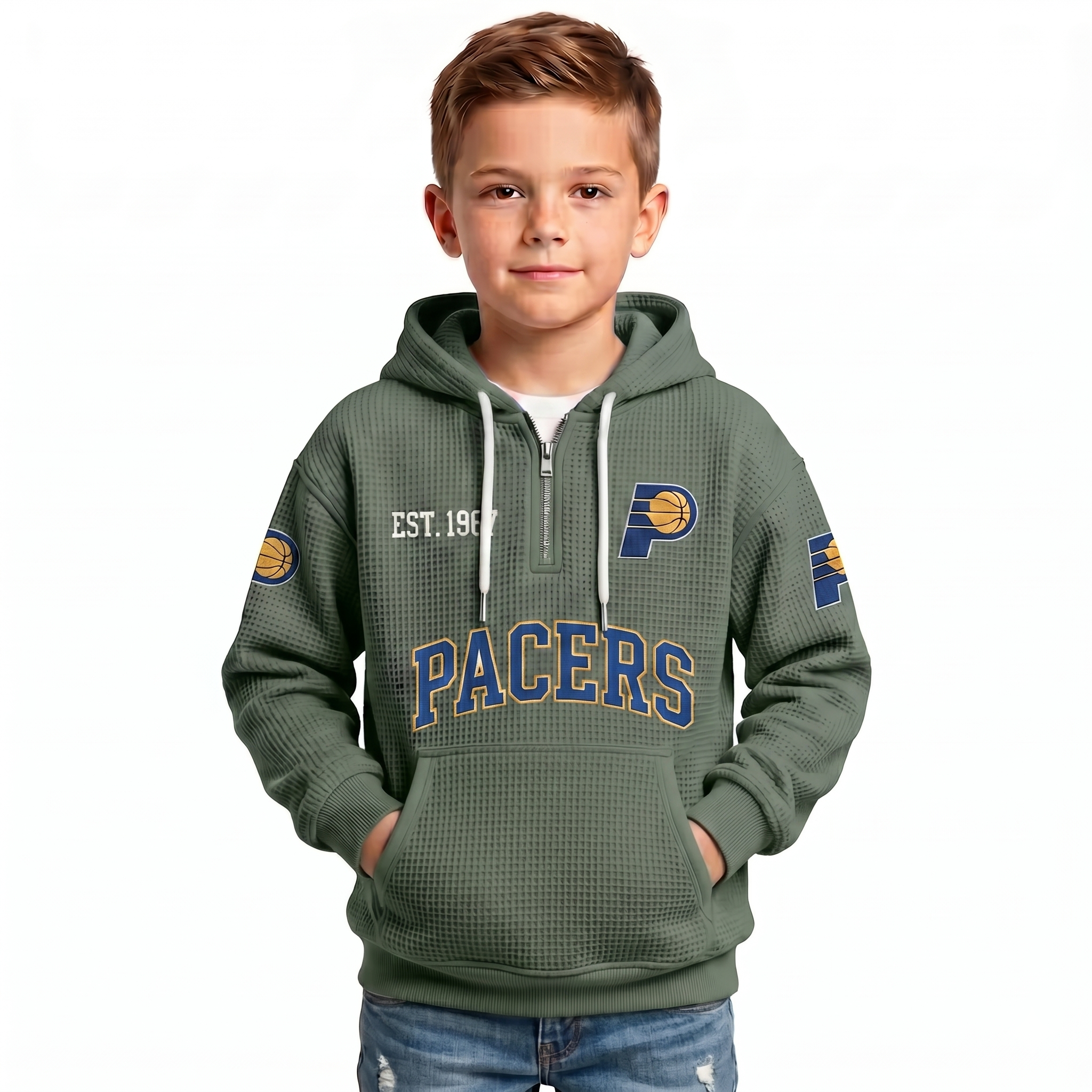 Indiana Pacers EST 1967 Kids Baseball Fan Printed Waffle Quarter Zip Hoodie