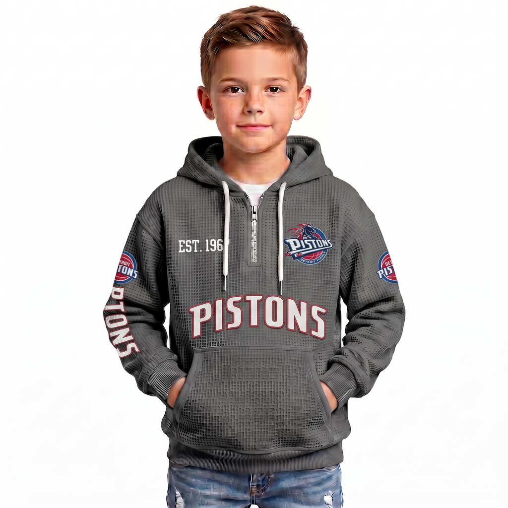 Detroit Pistons EST 1957 Kids Baseball Fan Printed Waffle Quarter Zip Hoodie