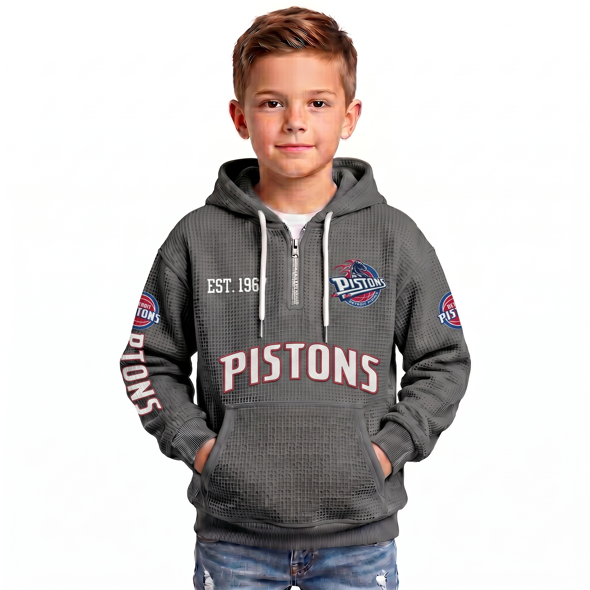 Detroit Pistons EST 1957 Kids Baseball Fan Printed Waffle Quarter Zip Hoodie