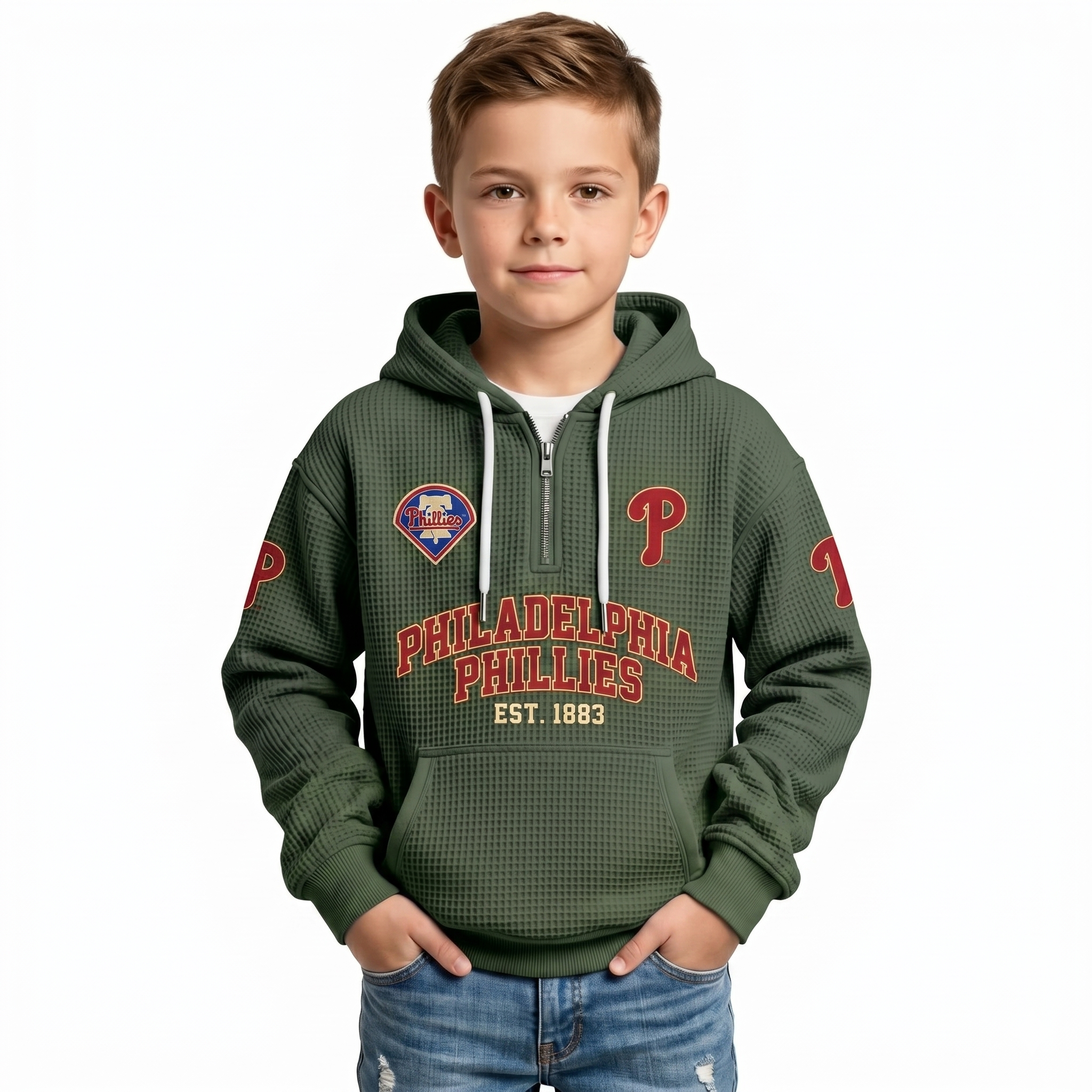 Philadelphia Phillies Kids Baseball Fan Printed Waffle Quarter Zip Hoodie EST 1883