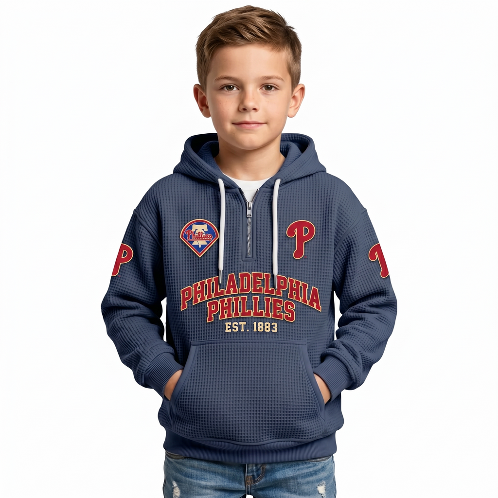 Philadelphia Phillies Kids Baseball Fan Printed Waffle Quarter Zip Hoodie EST 1883