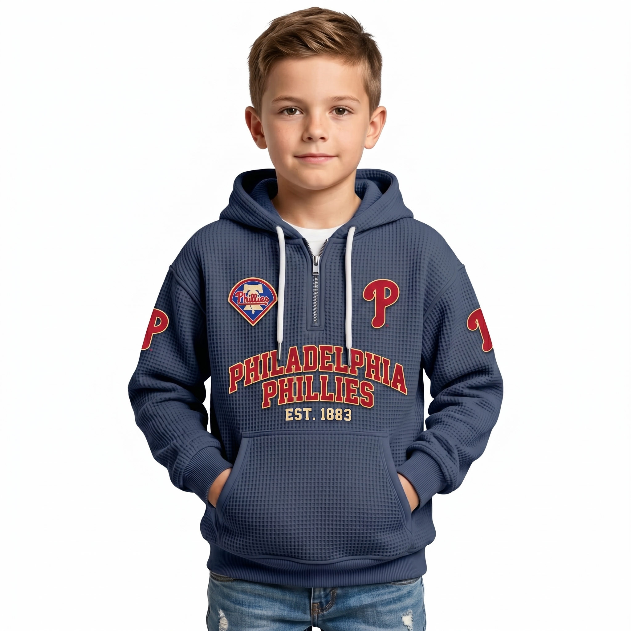Philadelphia Phillies Kids Baseball Fan Printed Waffle Quarter Zip Hoodie EST 1883