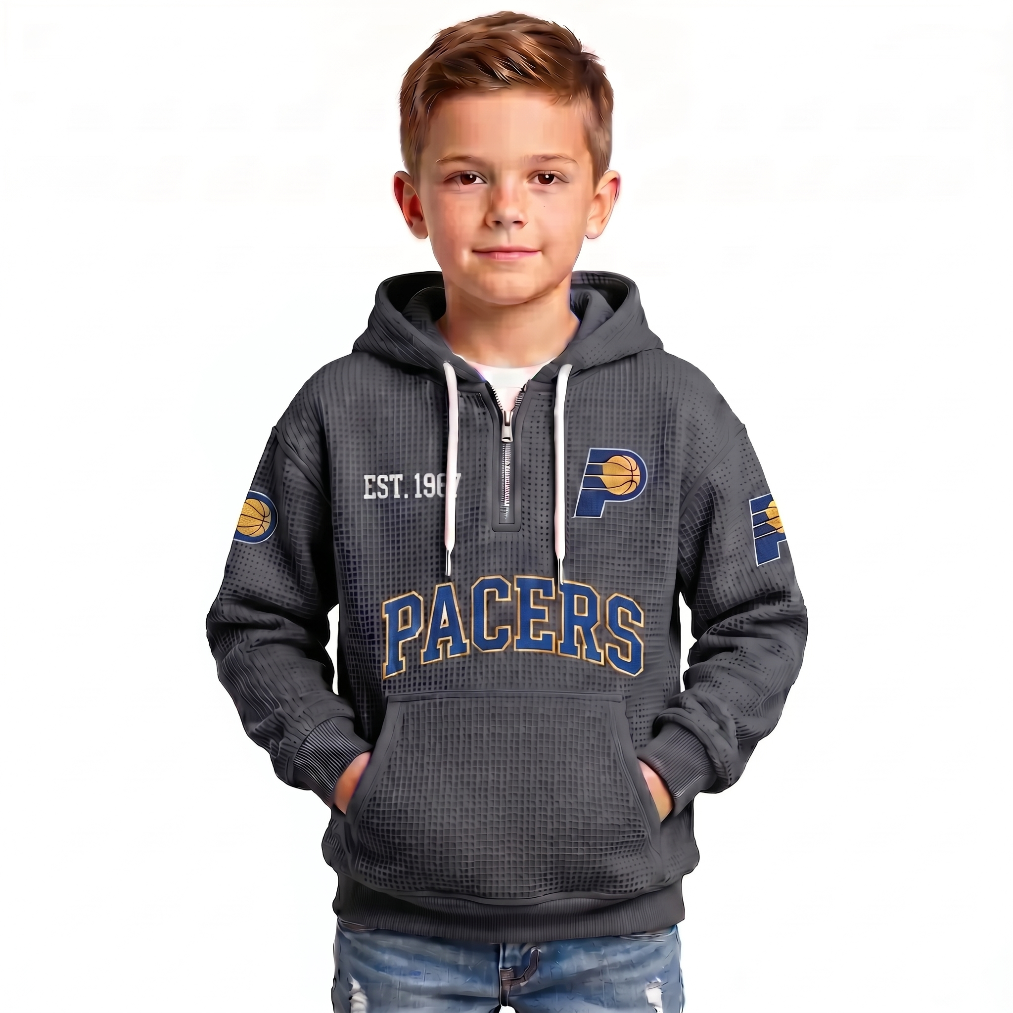 Indiana Pacers EST 1967 Kids Baseball Fan Printed Waffle Quarter Zip Hoodie