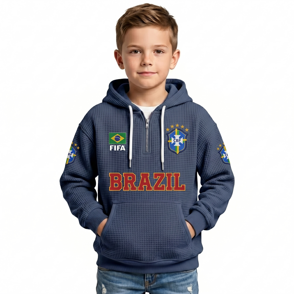 FIFA 2026 Brazil Printed Waffle Quarter Zip Kids Football Fan Hoodie