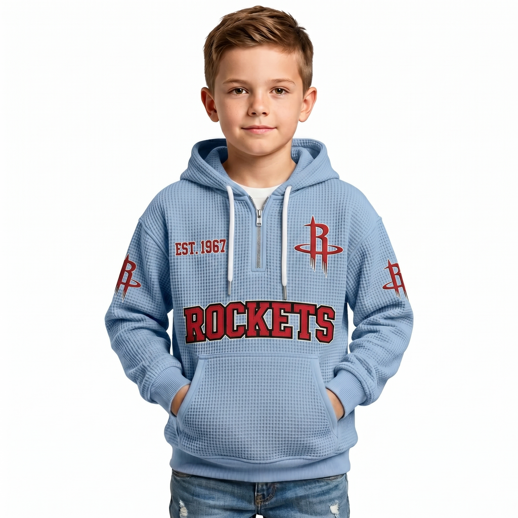 Houston Rockets EST 1967 Kids Baseball Fan Printed Waffle Quarter Zip Hoodie