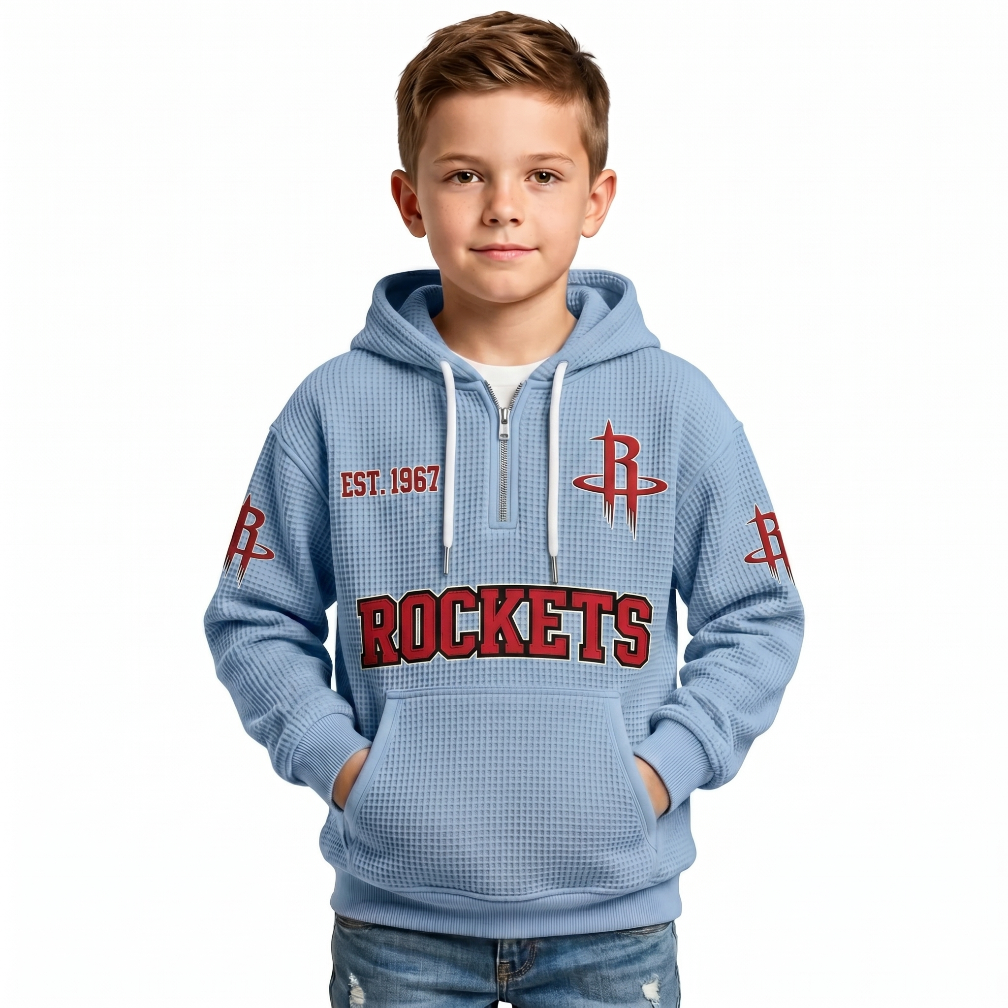 Houston Rockets EST 1967 Kids Baseball Fan Printed Waffle Quarter Zip Hoodie