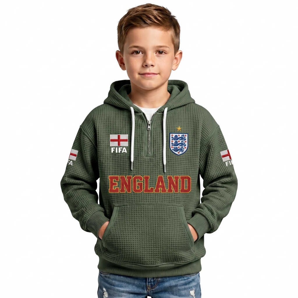 FIFA 2026 England Printed Waffle Quarter Zip Kids Football Fan Hoodie