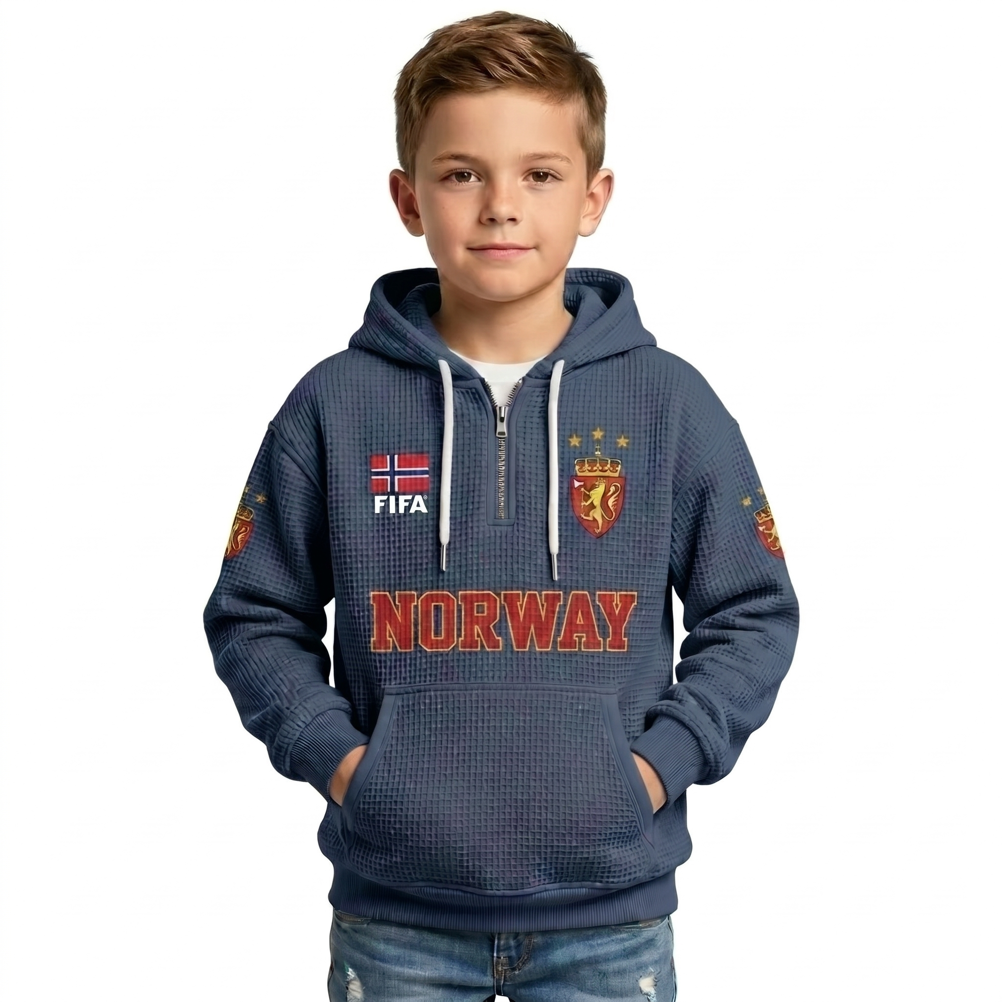 FIFA 2026 Norway Printed Waffle Quarter Zip Kids Football Fan Hoodie