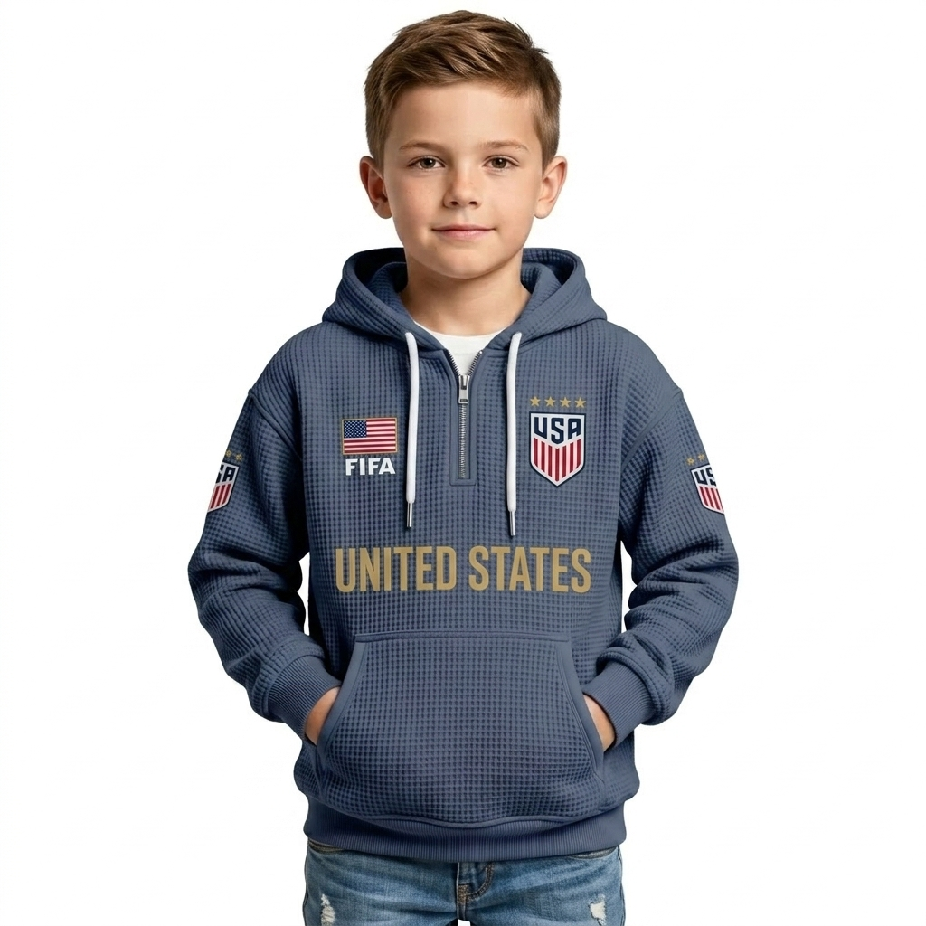 FIFA 2026 United States Printed Waffle Quarter Zip Kids Football Fan Hoodie