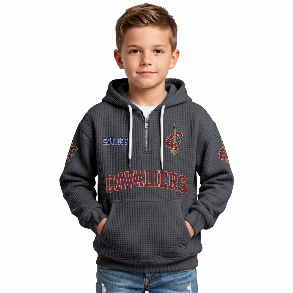 Cleveland Cavaliers EST 1970 Kids Baseball Fan Printed Waffle Quarter Zip Hoodie