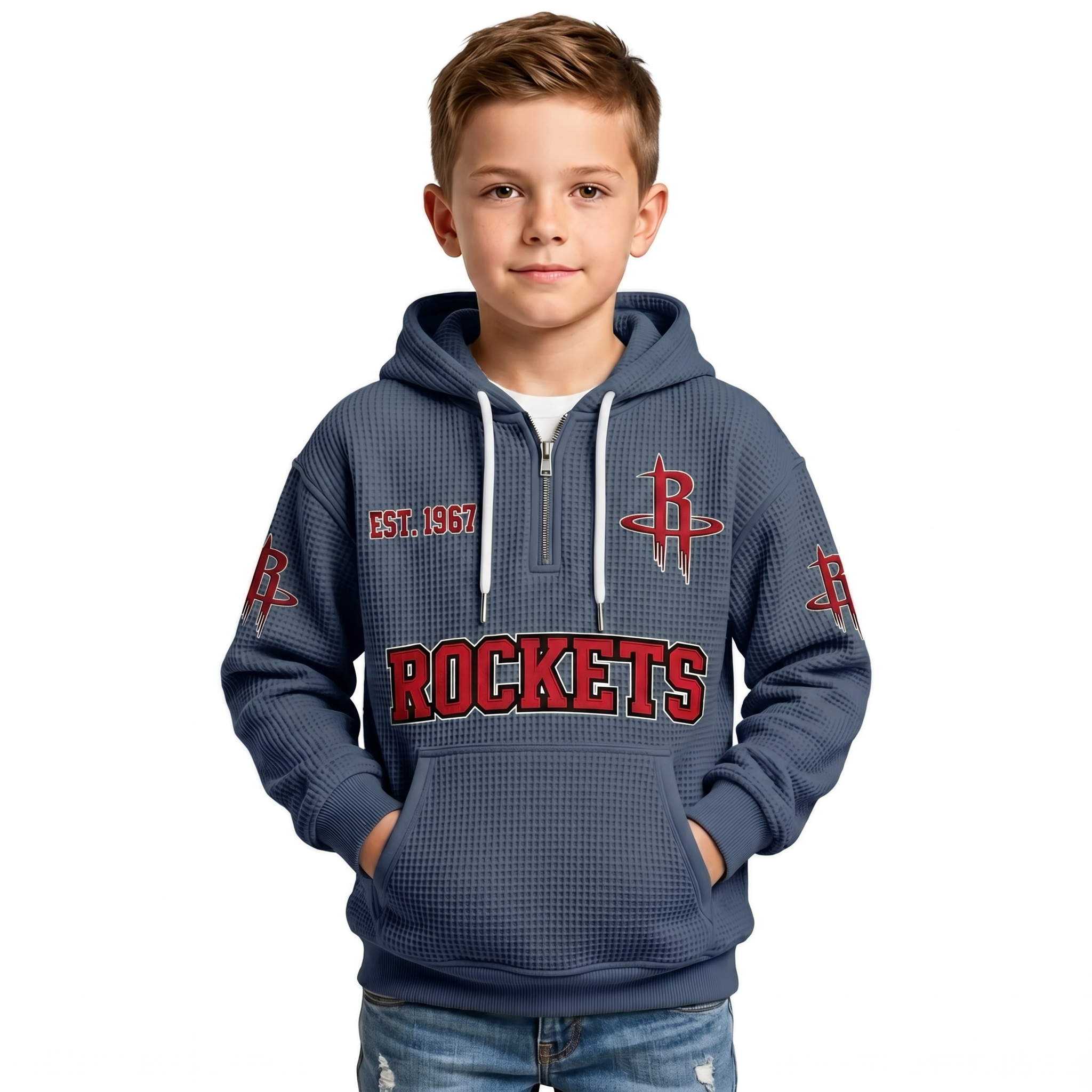 Houston Rockets EST 1967 Kids Baseball Fan Printed Waffle Quarter Zip Hoodie