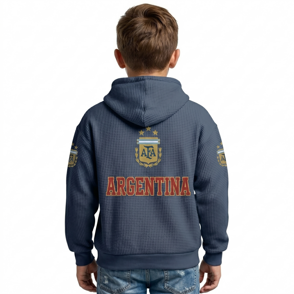 FIFA 2026 Argentina Printed Waffle Quarter Zip Kids Football Fan Hoodie
