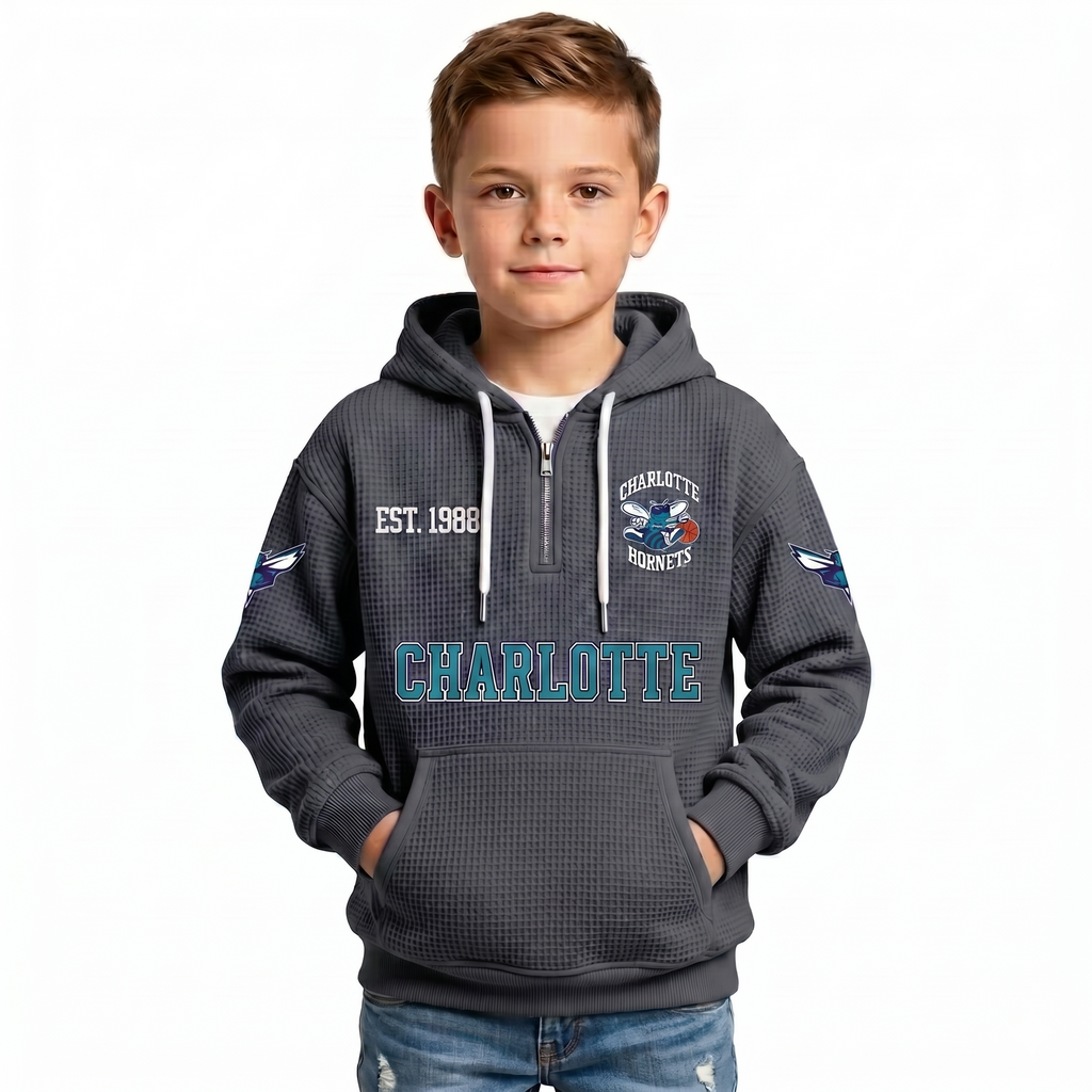 Charlotte Hornets EST 1988 Kids Baseball Fan Printed Waffle Quarter Zip Hoodie