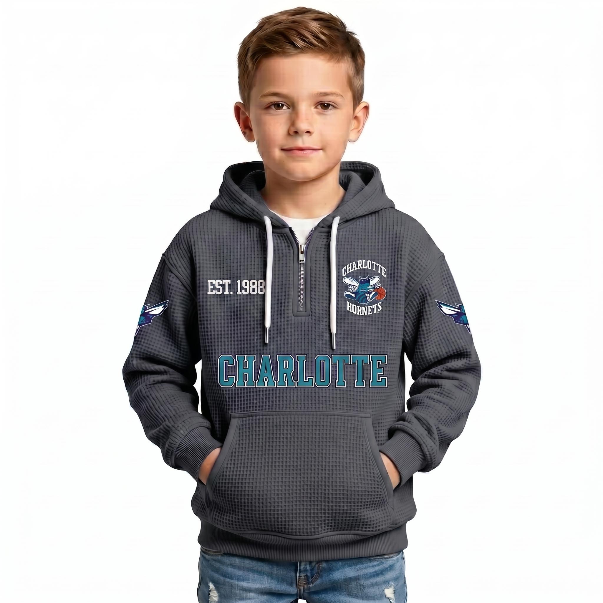 Charlotte Hornets EST 1988 Kids Baseball Fan Printed Waffle Quarter Zip Hoodie