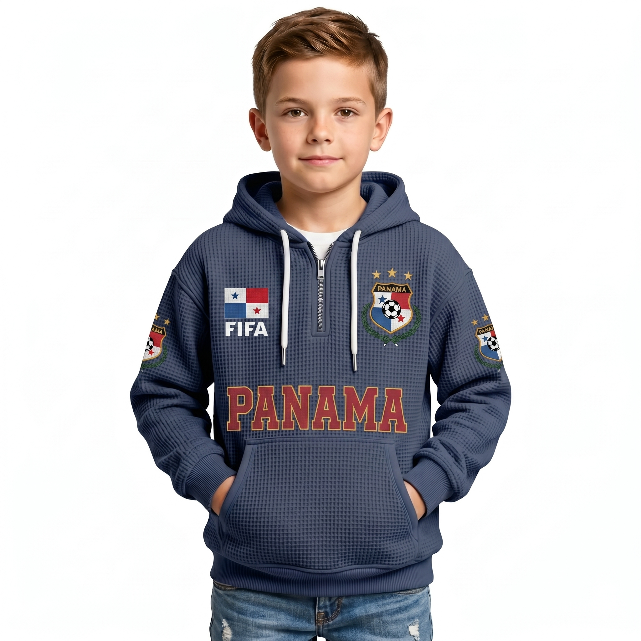 FIFA 2026 Panama Printed Waffle Quarter Zip Kids Football Fan Hoodie