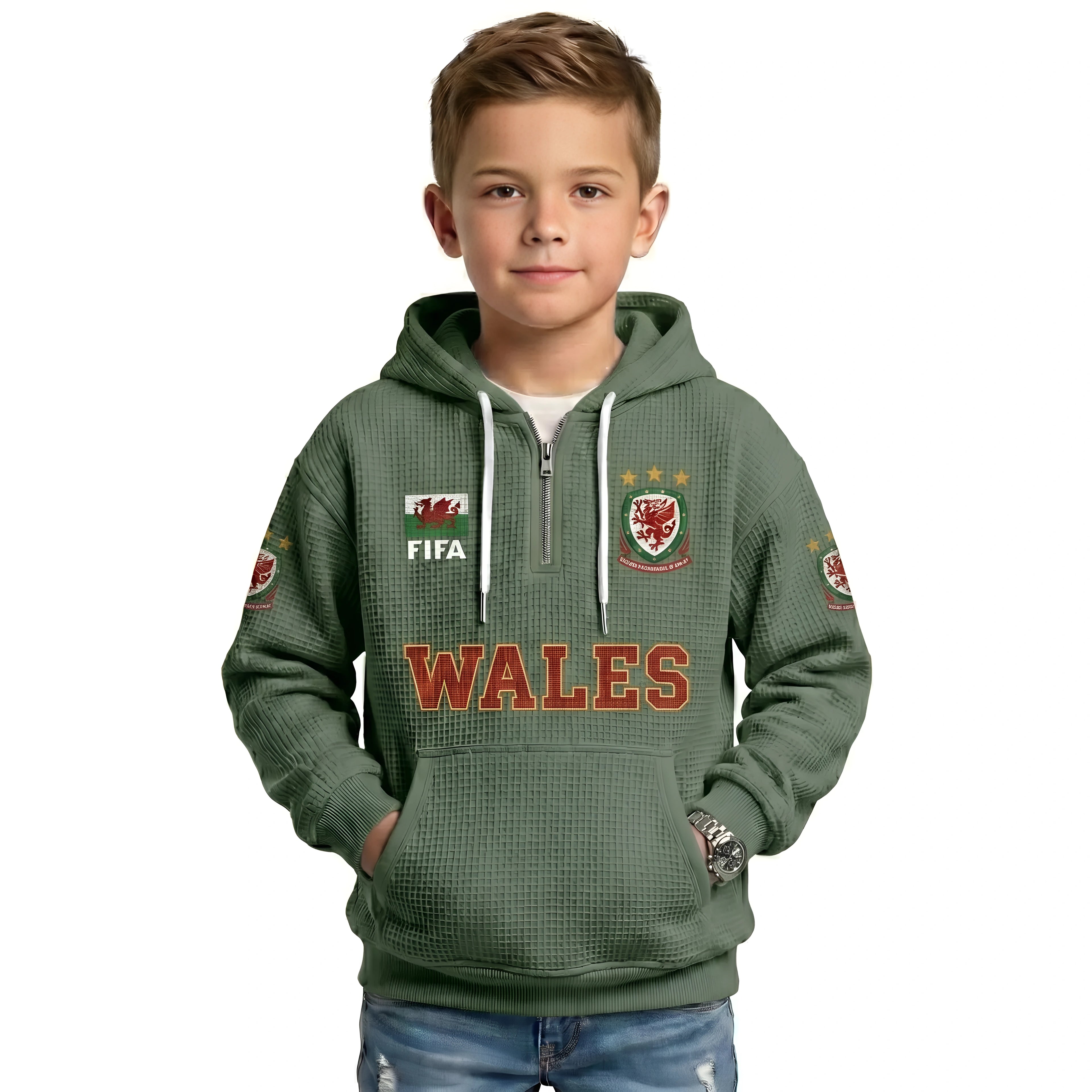 FIFA 2026 Wales Printed Waffle Quarter Zip Kids Football Fan Hoodie