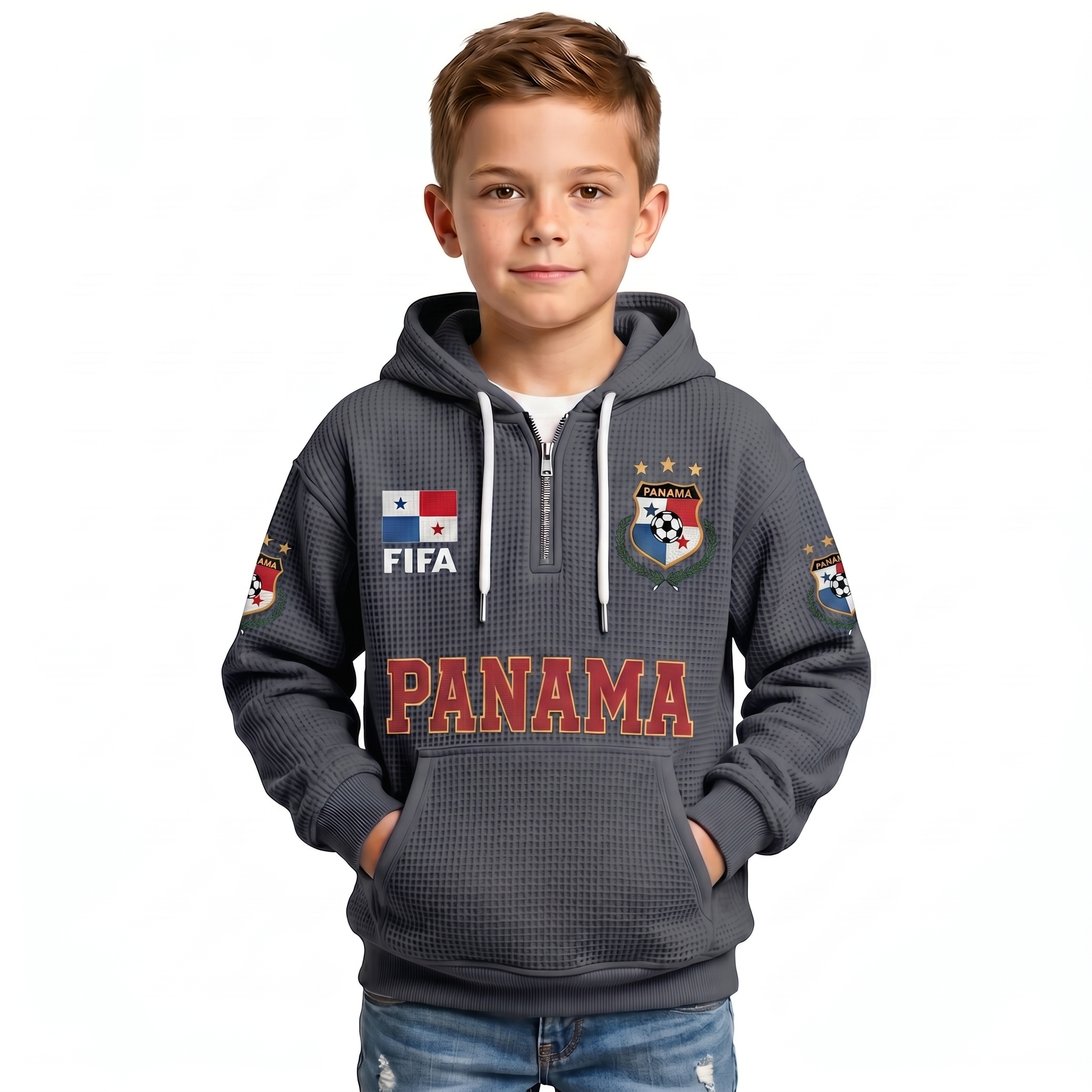FIFA 2026 Panama Printed Waffle Quarter Zip Kids Football Fan Hoodie