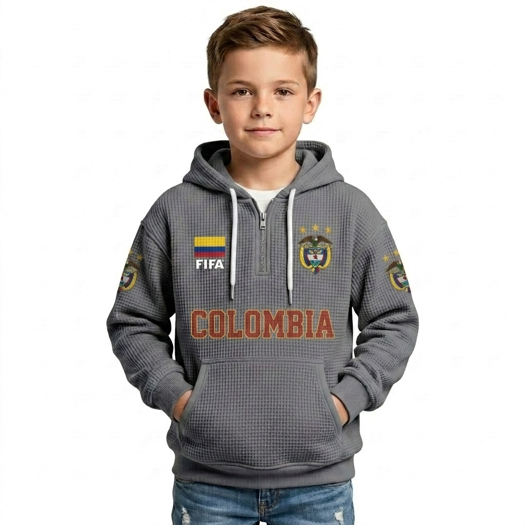 FIFA 2026 Colombia Printed Waffle Quarter Zip Kids Football Fan Hoodie