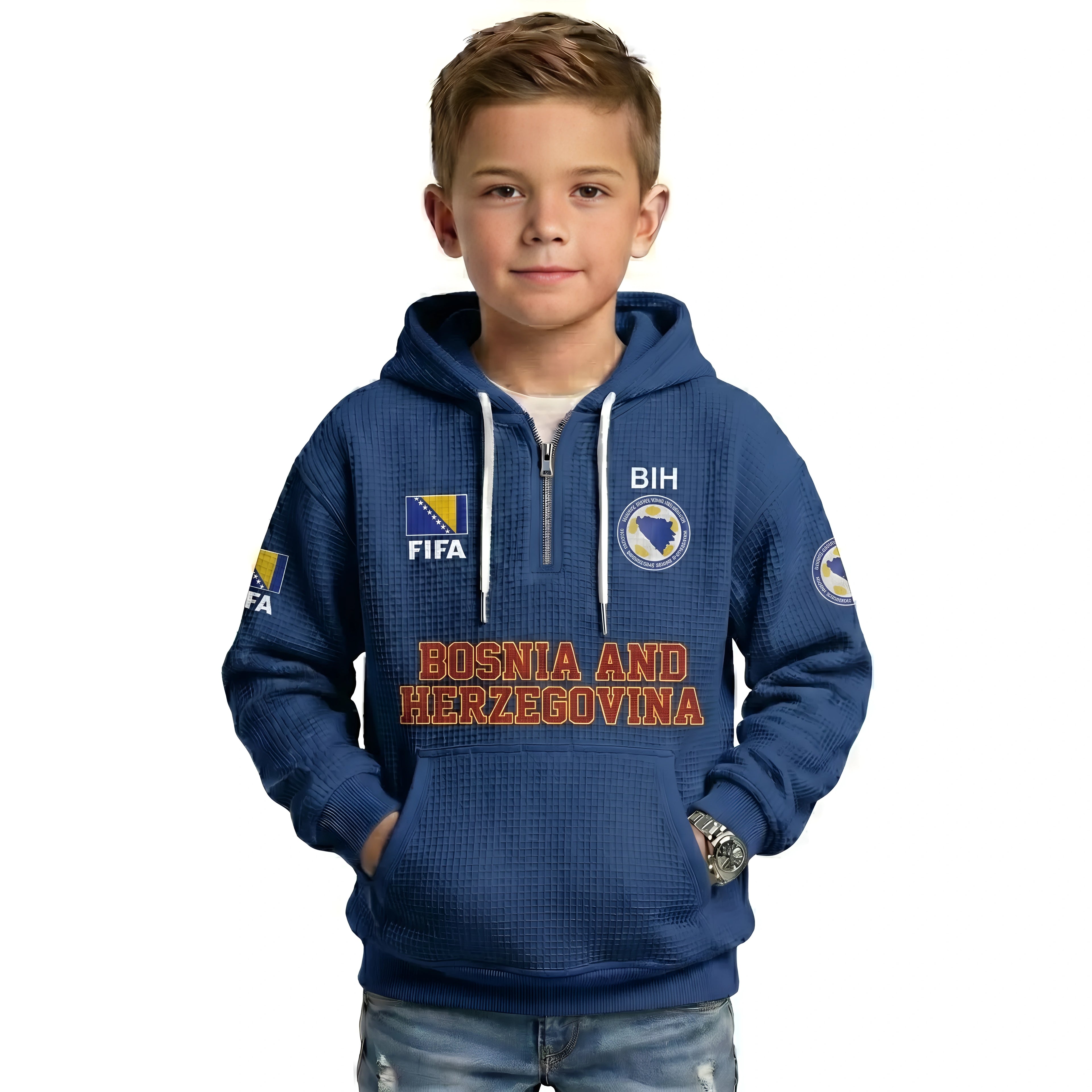 FIFA 2026 Bosnia And Herzegovina Printed Waffle Quarter Zip Kids Football Fan Hoodie