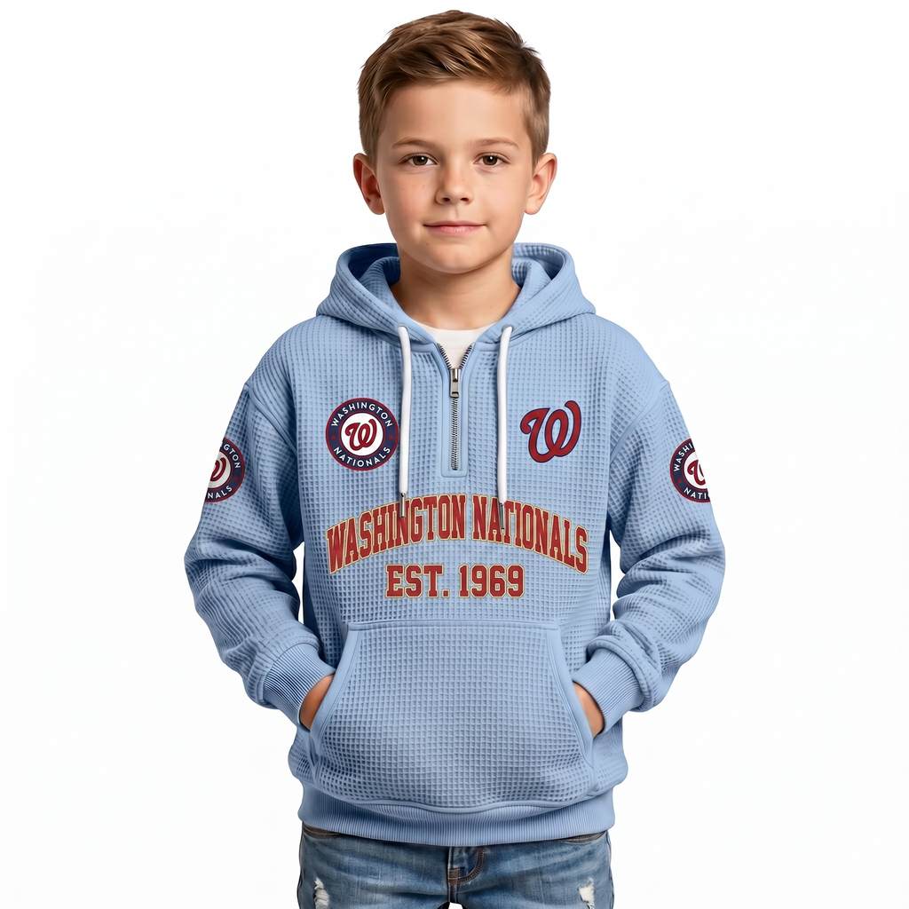 Washington Nationals EST 1969 Kids Baseball Fan Printed Waffle Quarter Zip Hoodie