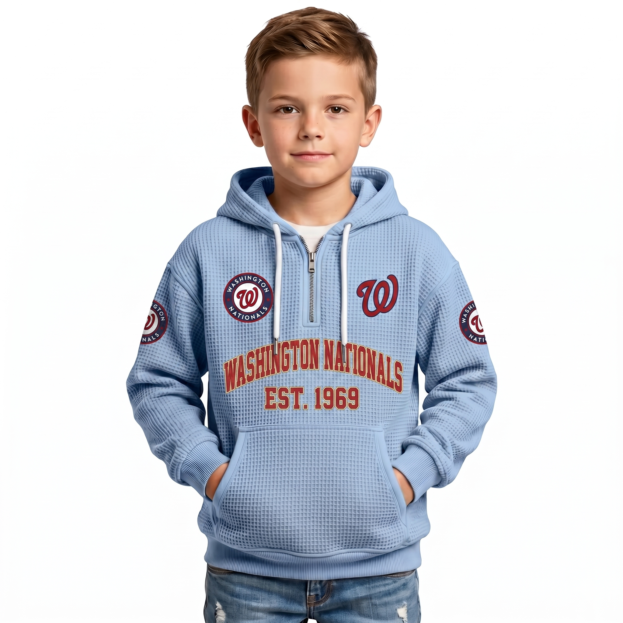 Washington Nationals EST 1969 Kids Baseball Fan Printed Waffle Quarter Zip Hoodie