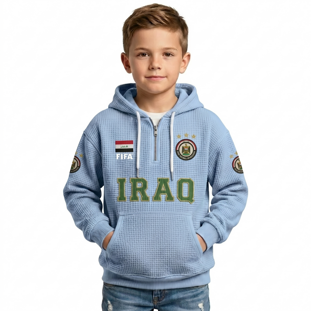FIFA 2026 Iraq Printed Waffle Quarter Zip Kids Football Fan Hoodie