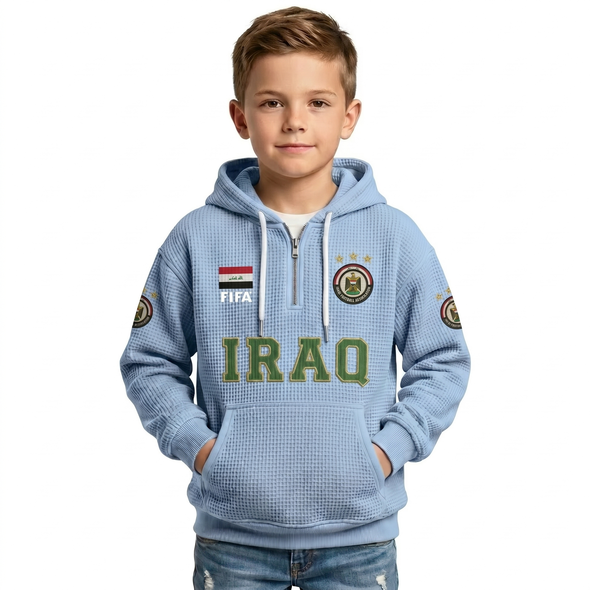 FIFA 2026 Iraq Printed Waffle Quarter Zip Kids Football Fan Hoodie