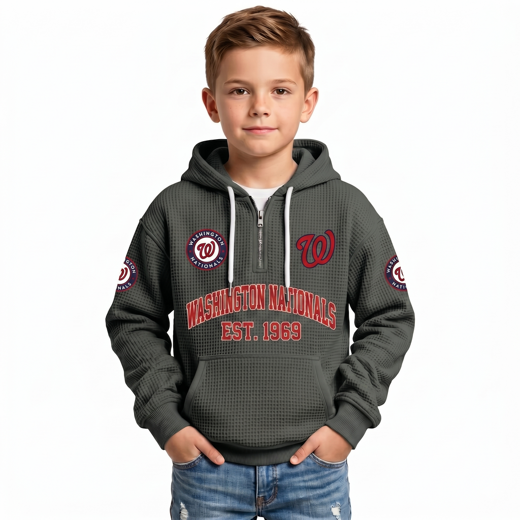 Washington Nationals EST 1969 Kids Baseball Fan Printed Waffle Quarter Zip Hoodie