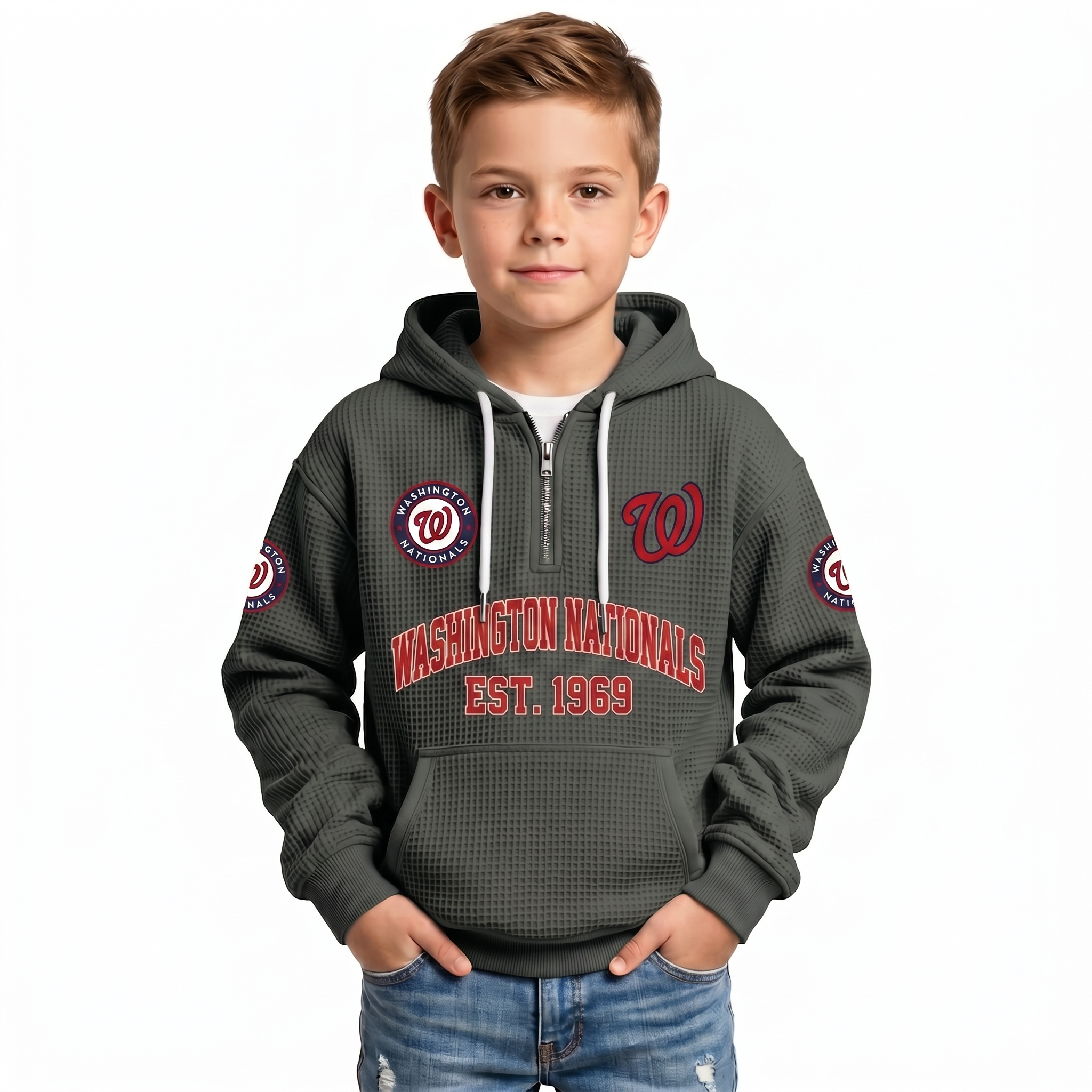 Washington Nationals EST 1969 Kids Baseball Fan Printed Waffle Quarter Zip Hoodie