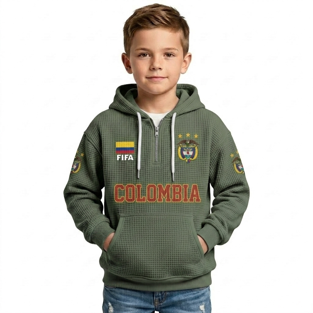 FIFA 2026 Colombia Printed Waffle Quarter Zip Kids Football Fan Hoodie