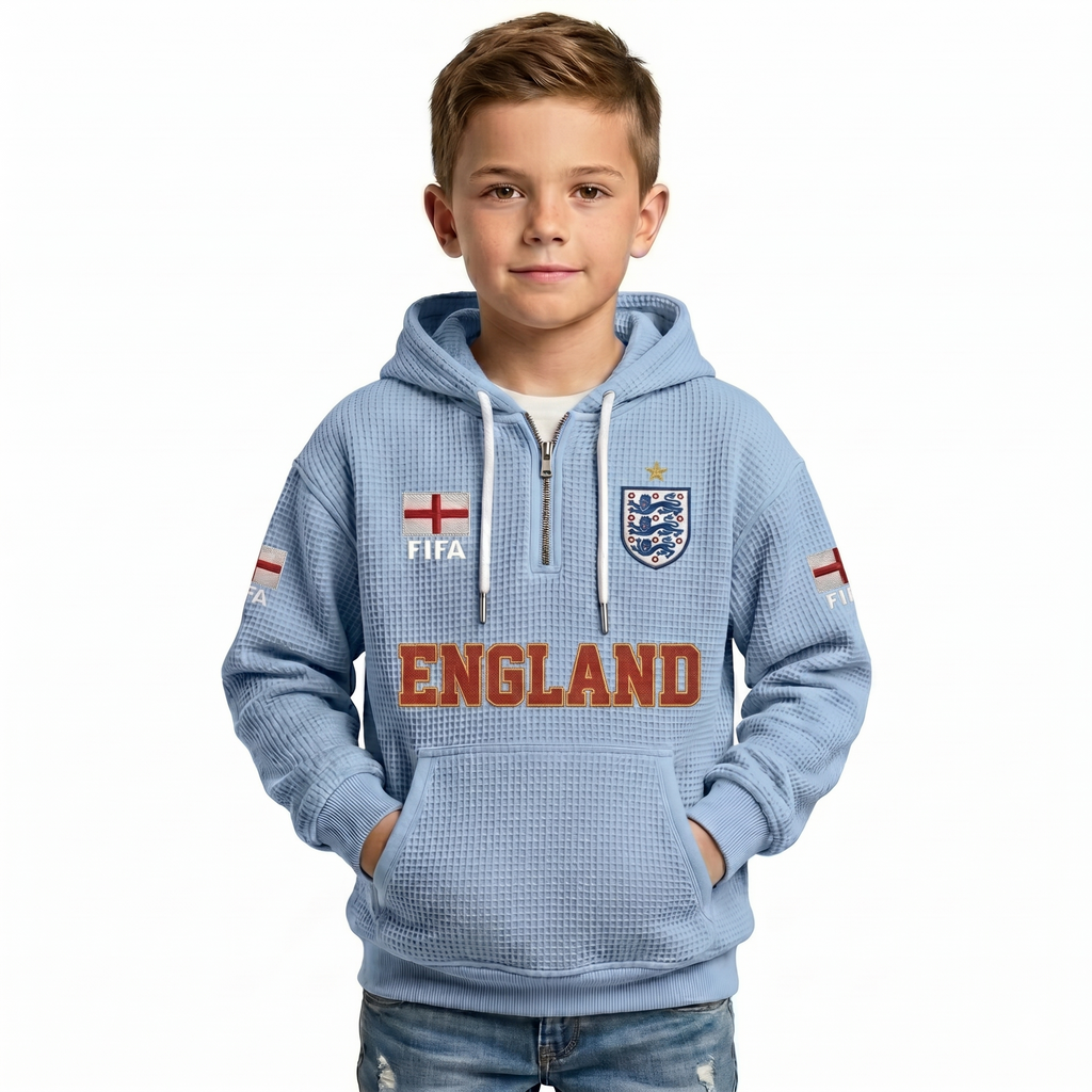 FIFA 2026 England Printed Waffle Quarter Zip Kids Football Fan Hoodie