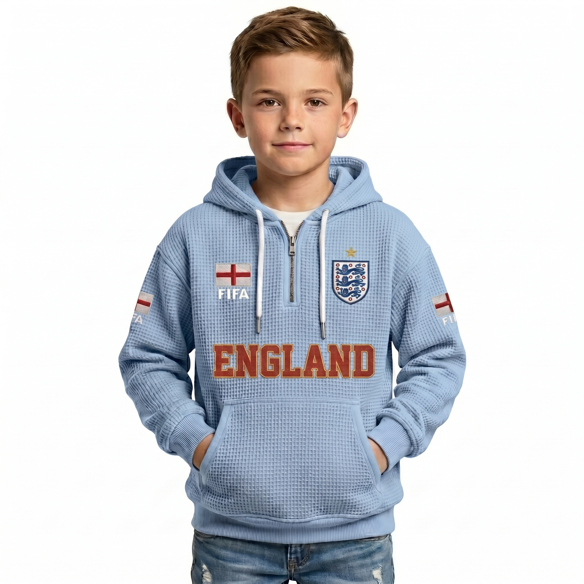 FIFA 2026 England Printed Waffle Quarter Zip Kids Football Fan Hoodie