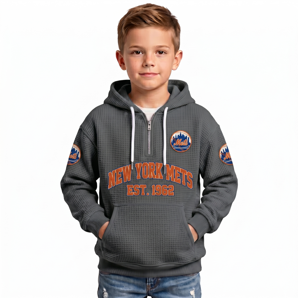 New York Mets EST 1962 Kids Baseball Fan Printed Waffle Quarter Zip Hoodie