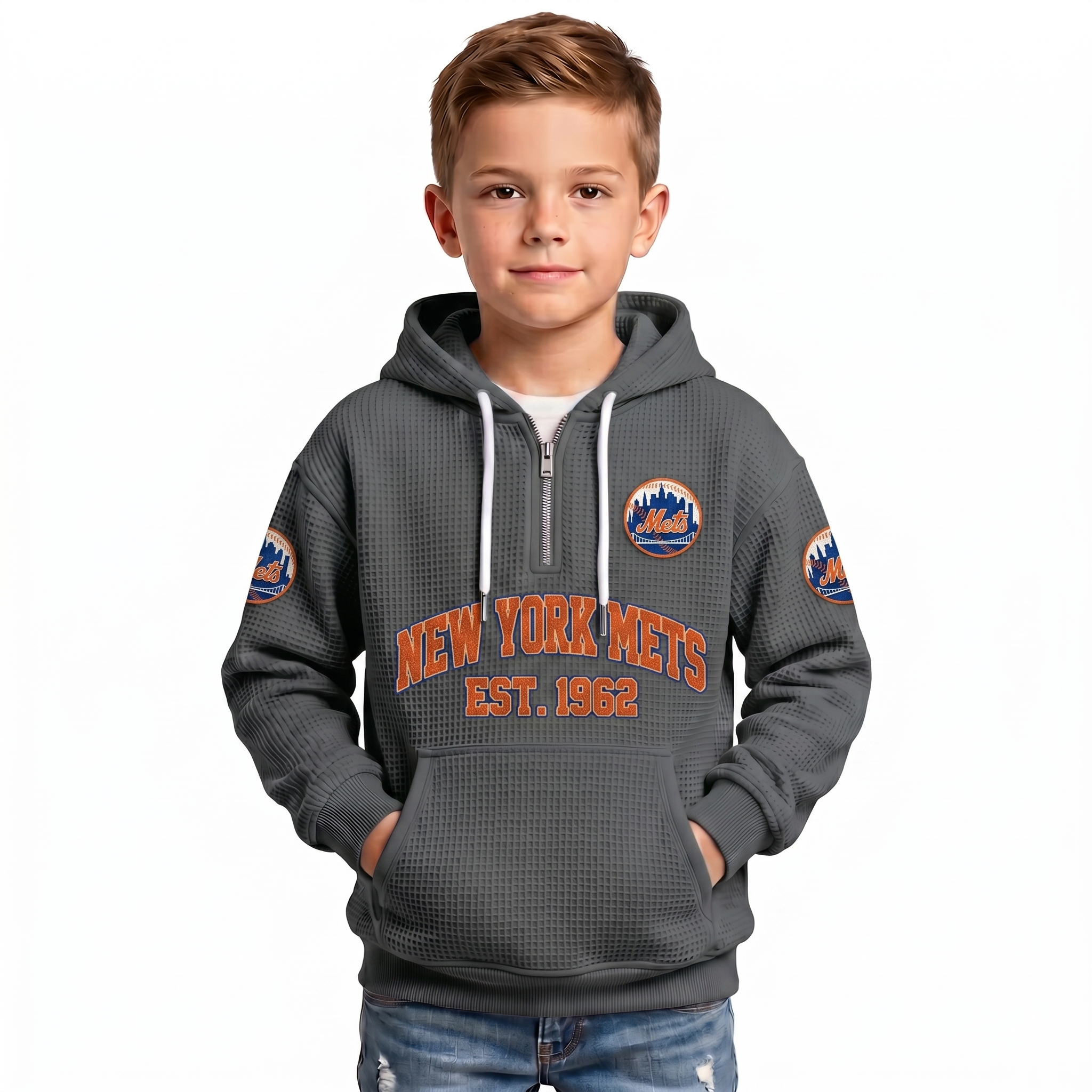 New York Mets EST 1962 Kids Baseball Fan Printed Waffle Quarter Zip Hoodie