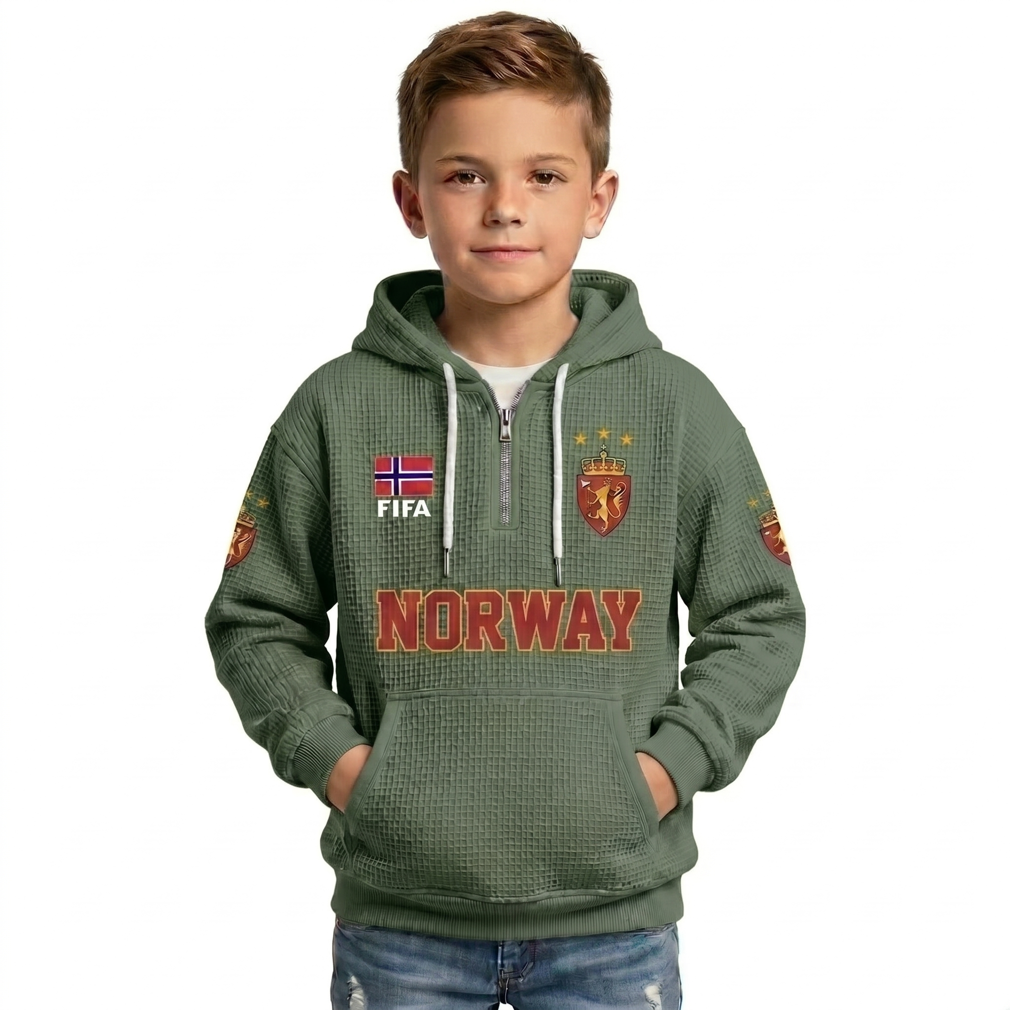 FIFA 2026 Norway Printed Waffle Quarter Zip Kids Football Fan Hoodie
