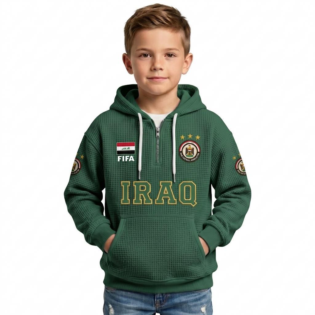 FIFA 2026 Iraq Printed Waffle Quarter Zip Kids Football Fan Hoodie