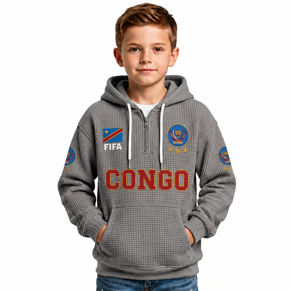FIFA 2026 Democratic Republic Of The Congo Printed Waffle Quarter Zip Kids Football Fan Hoodie