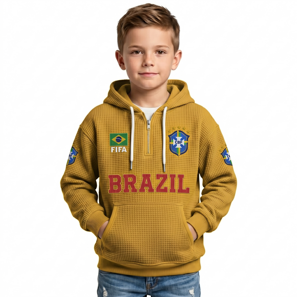 FIFA 2026 Brazil Printed Waffle Quarter Zip Kids Football Fan Hoodie